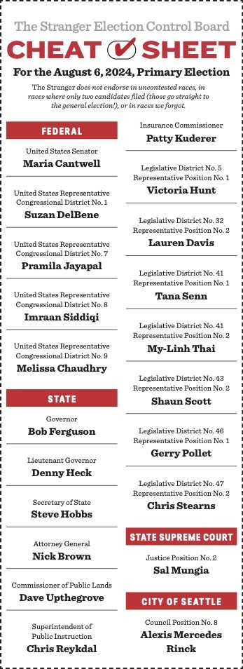 The Stranger's August, 6, 2024 Primary Election Cheat Sheet